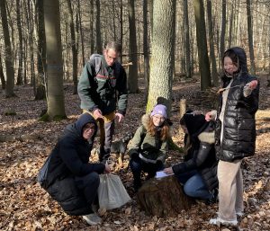 D. Menke untersucht zusammen mit vier Schülerinnen und Schülern einen Baumstumpf.